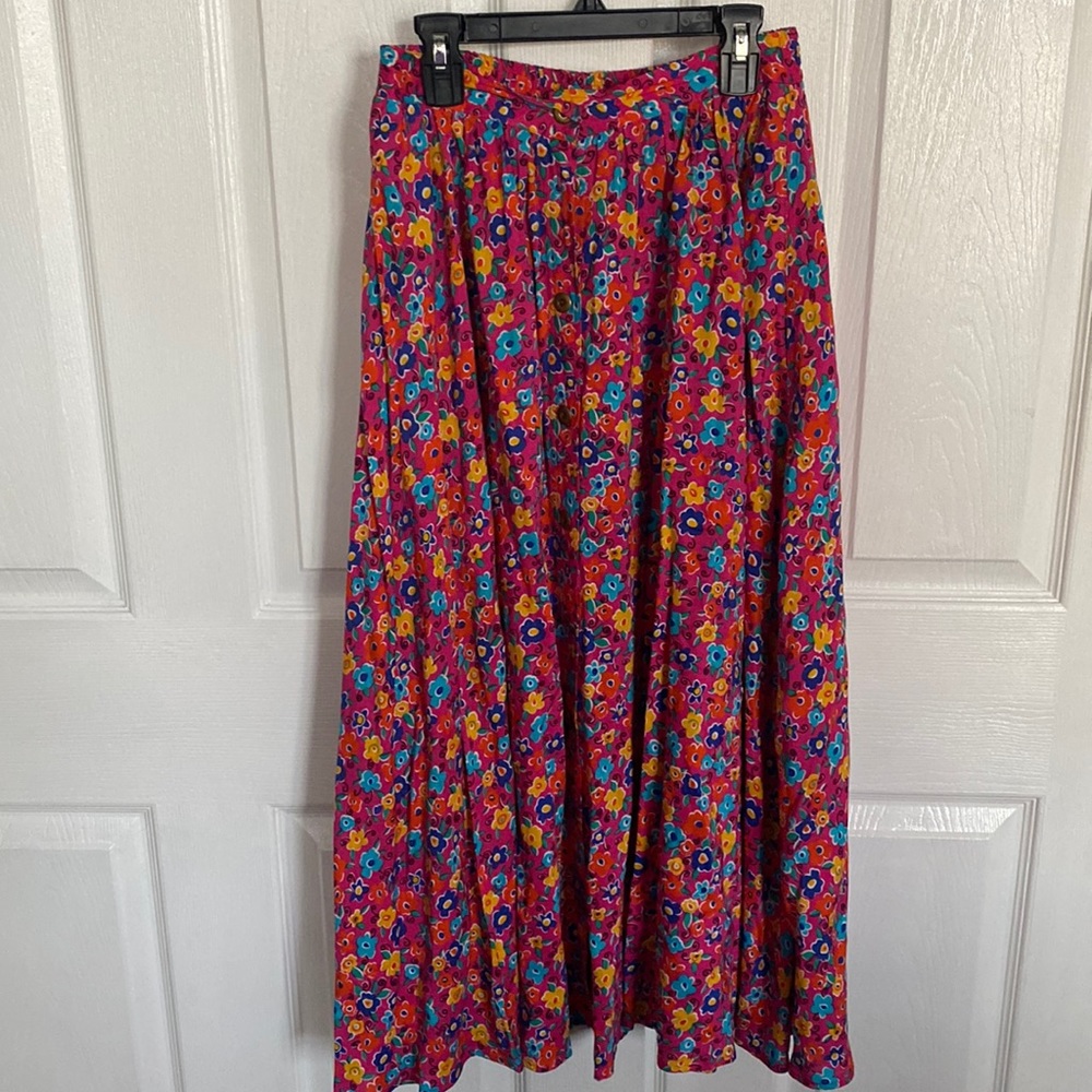 Bright Floral Pink Maxi Skirt with Gold Buttons